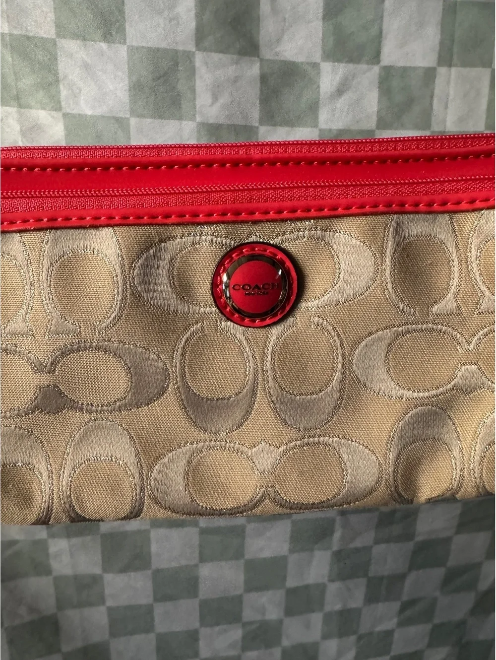 Coach Signature Canvas Wristlet with Pink Leather Trim